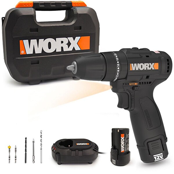 Worx WX121 12 Volt 2.0 Ah Li-ion Çift Akülü Kömürsüz Profesyonel Şarjlı Darbeli Matkap ve 5 Parça Aksesuar