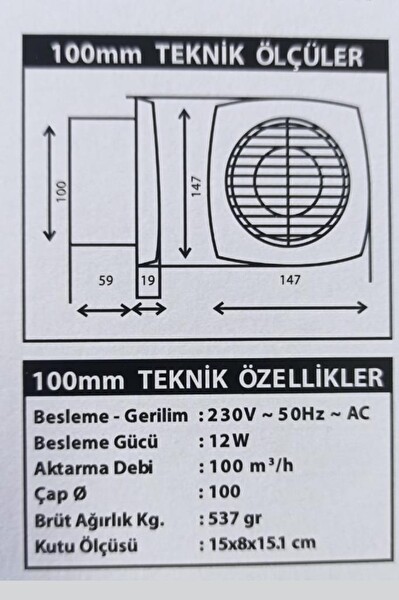 Şahnet Banyo Tuvalet Havalandırma 100'lük Fan Aspiratör