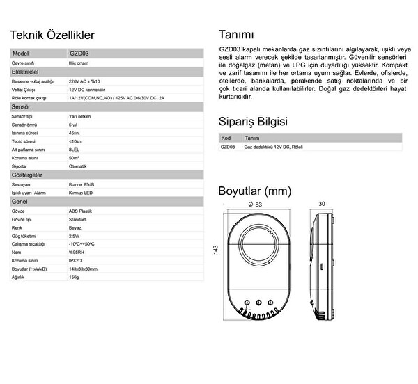 EDS GZD03 Dogalgaz ve LPG Gaz Dedektörü (220V) Röleli