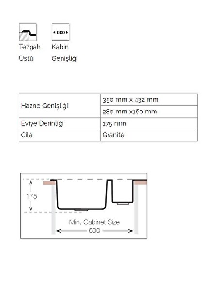 Ukinox Valente D-150L Siyah Granit Eviye