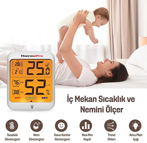 ThermoPro TP53 Termometre İç Mekan Dijital Isı ve Nem Ölçer 2 Adet