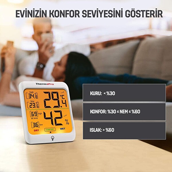 ThermoPro TP53 Termometre İç Mekan Dijital Isı ve Nem Ölçer 2 Adet