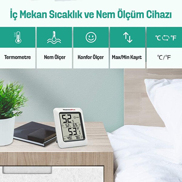 ThermoPro TP50 Termometre İç Mekan Dijital Isı ve Nem Ölçer 2 Adet