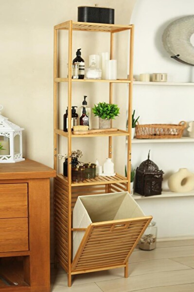 DigitHome Bambu Kirli Sepetli 4 Raflı Çok Amaçlı Banyo Düzenleyici Çamaşır Sepeti Organizer DB-0009