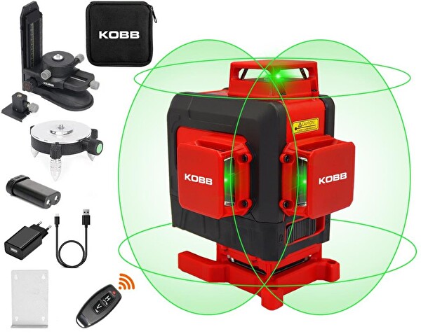 Kobb KBL35G Profesyonel Li-ion Şarjlı 4x360 Derece Otomatik Hizalamalı Yeşil Çizgi Lazer Distomat ve Uzaktan Kumanda