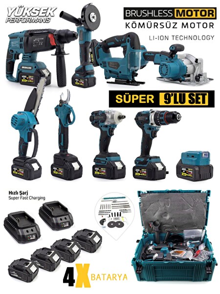 Germany Style Kömürsüz 9'lu Set Kırıcı-Matkap-Dekupaj-Daire Testere-Budama Testeresi-Makas-Taşlama-Somun Sökme-Led Aydınlatma