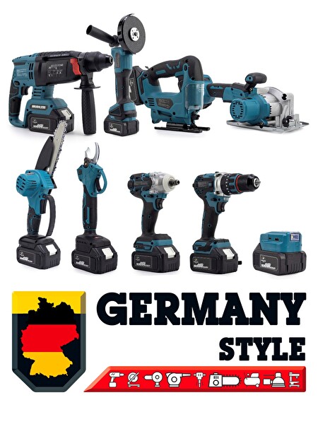 Germany Style Kömürsüz 9'lu Set Kırıcı-Matkap-Dekupaj-Daire Testere-Budama Testeresi-Makas-Taşlama-Somun Sökme-Led Aydınlatma