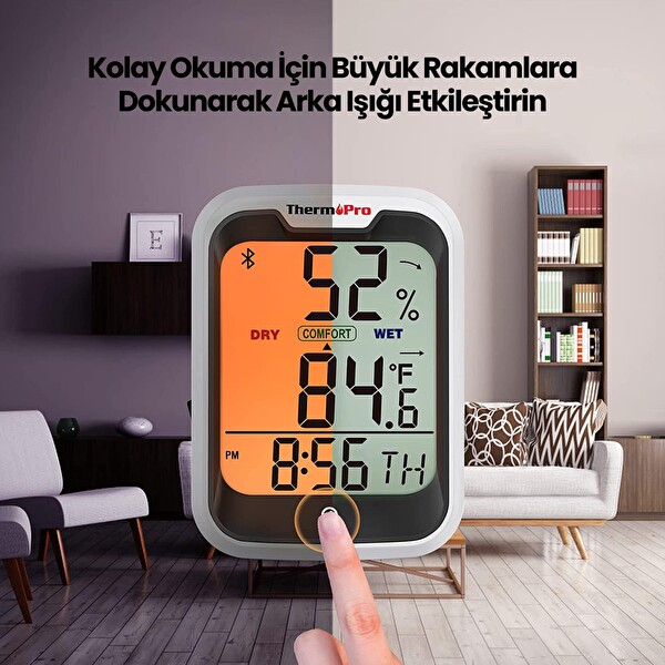 ThermoPro TP358-2X Telefon Kontrollü Saatli İç Mekan Sıcaklık ve Nem Ölçer Termometre 2 Adet