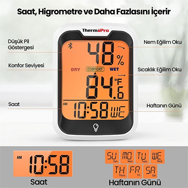ThermoPro TP358-2X Telefon Kontrollü Saatli İç Mekan Sıcaklık ve Nem Ölçer Termometre 2 Adet