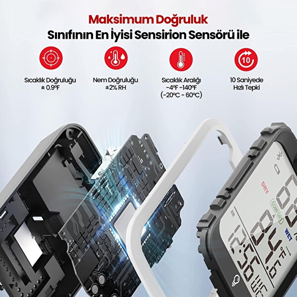 ThermoPro TP358-2X Telefon Kontrollü Saatli İç Mekan Sıcaklık ve Nem Ölçer Termometre 2 Adet