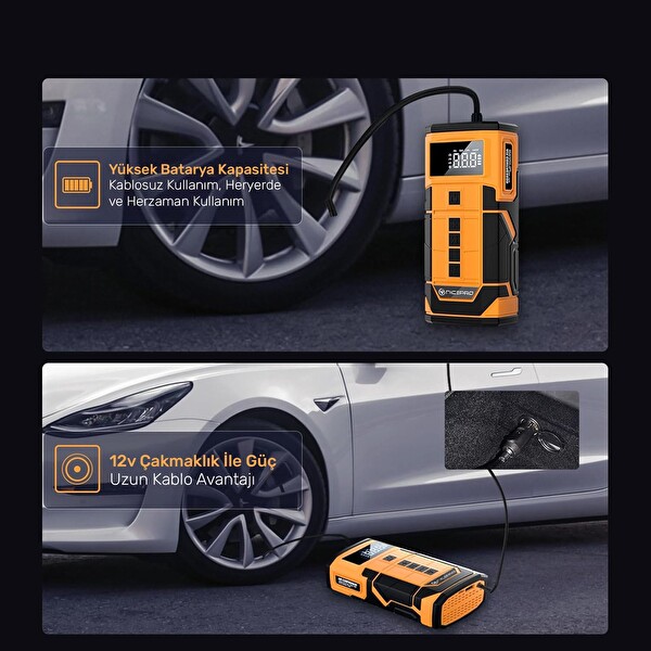 NPO A5577 Kablolu/Kablosuz 8000mAh Şarjlı Taşınabilir Araç Akü Takviyeli Powerbank Destekli Oto Hava Pompası