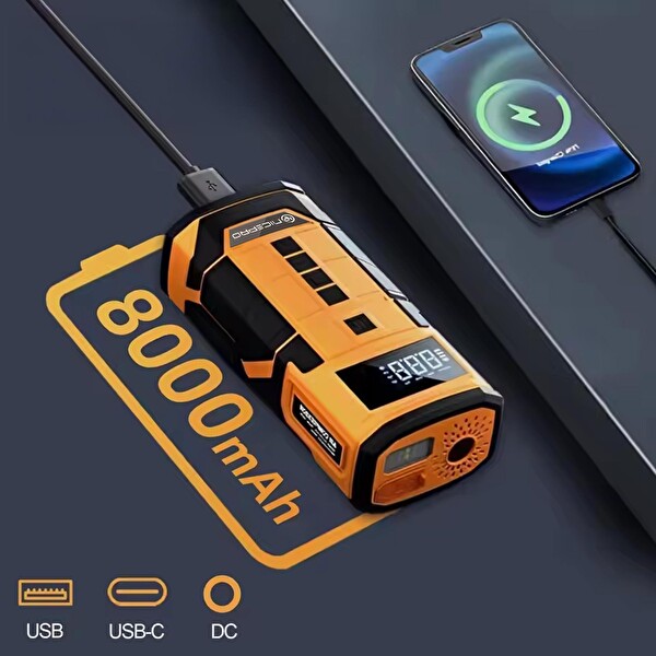 NPO A5577 Kablolu/Kablosuz 8000mAh Şarjlı Taşınabilir Araç Akü Takviyeli Powerbank Destekli Oto Hava Pompası