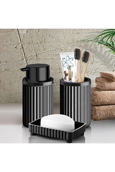 Banyo Takımı Diş Fırçalık Sıvı Sabunluk Katı Sabunluk 3'lü Set Siyah P-3319