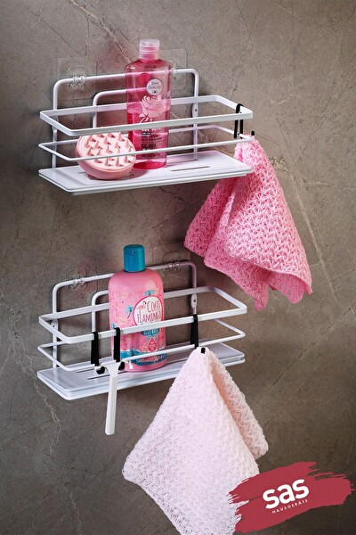 SAS Haus Yapışkanlı Paslanmaz Kristal Ayarlanabilir Raf Banyo Düzenleyici Şampuanlık 2 Adet Beyaz