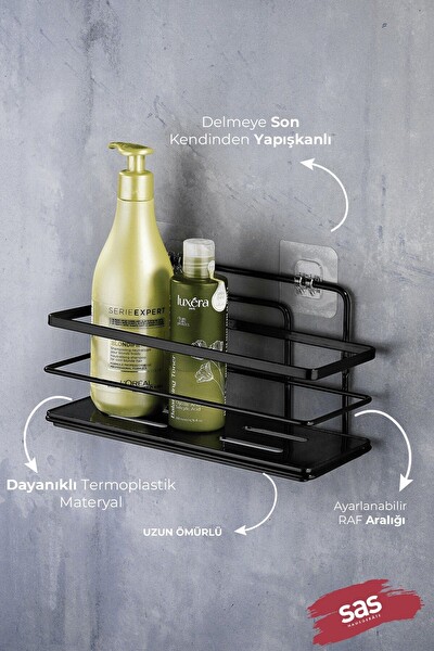 SAS Haus Yapışkanlı Paslanmaz Kristal Ayarlanabilir Raf Banyo Düzenleyici Şampuanlık Siyah LS-01 SS