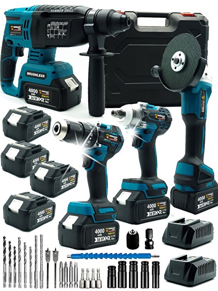 Germany Style 4 Akülü Kömürsüz Motor 4'lü Set Uç Takımlı Matkap-Hilti-Taşlama-Bijon Sökme