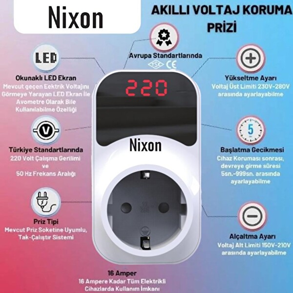 Nixon Premium Serisi 150/280V 16 Amper Ayarlanabilir Gerilim ve Voltaj Korumalı Dijital Ekranlı Priz