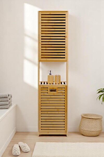 DigitHome Bambu Kirli Sepetli 1 Raflı Kapaklı Banyo Dolabı Banyo Düzenleyici Çamaşır Sepeti Organizer DB-0010