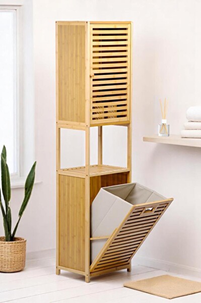 DigitHome Bambu Kirli Sepetli 1 Raflı Kapaklı Banyo Dolabı Banyo Düzenleyici Çamaşır Sepeti Organizer DB-0010