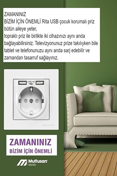 Mutlusan Rita Beyaz 2.4 A 2 USB'li Topraklı Priz