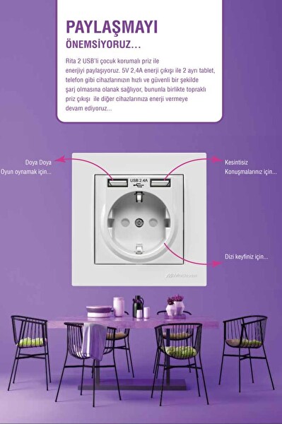 Mutlusan Rita Beyaz 2.4 A 2 USB'li Topraklı Priz