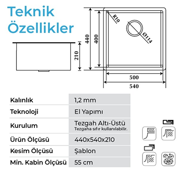 Crauf Stella 4454 Inox 50x40 El Yapımı Paslanmaz Çelik Mutfak Eviyesi