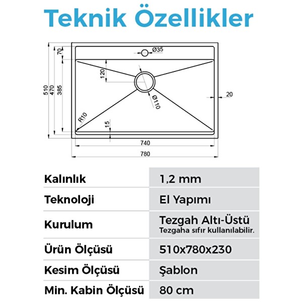 Crauf Poli 6303 PVD Bakır Tek Gözlü 51x78 CM Paslanmaz Çelik Mutfak Eviyesi