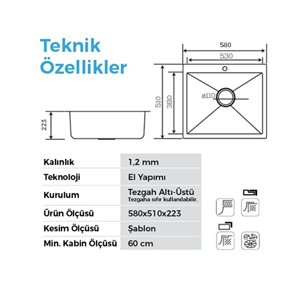 Crauf Poli 6301 PVD Füme Tek Gözlü 51x58 CM Paslanmaz Çelik Mutfak Eviyesi
