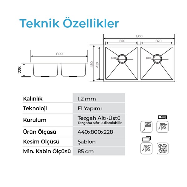 Crauf Stella 4580 PVD Altın 2 Gözlü Paslanmaz Çelik Mutfak Eviyesi