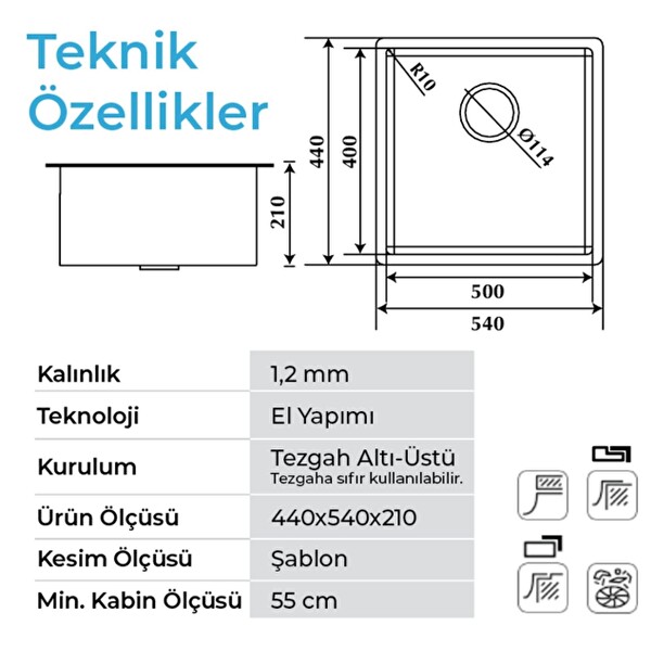 Crauf Stella 4454 PVD Füme Siyah 50x40 El Yapımı Paslanmaz Çelik Mutfak Eviyesi