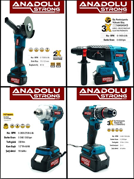 Anadolu Strong TR-1453 Şarjlı Kömürsüz Motor Matkap Vidalama Kırıcı Delici Hilti Taşlama Somun Sökme Bijon Sökme 4'lü Set