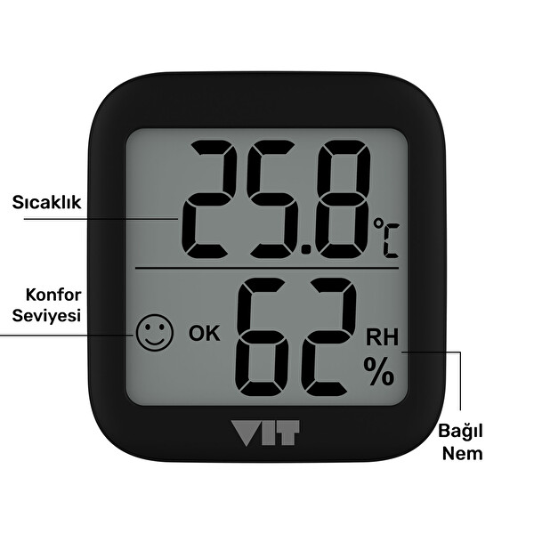 VIT 2'li İç Mekan Dijital Isı ve Nem Ölçer Siyah Termometre BVT17-01