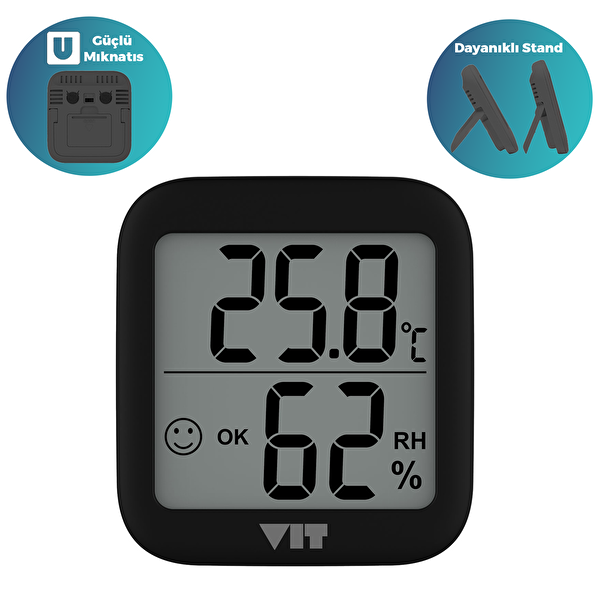 VIT İç Mekan Dijital Isı ve Nem Ölçer Siyah Termometre BVT17