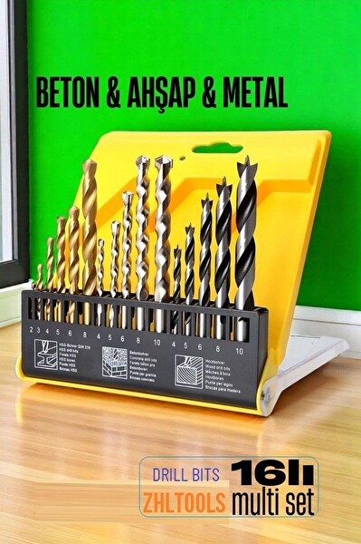 ZHL Tools Matkap Ucu Seti- Beton Metal Ahşap Matkap Ucu Drill Bits Set 16'lı Set
