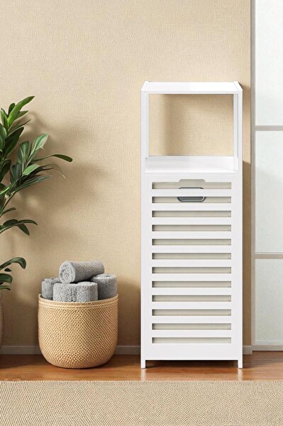 DigitHome Bambu Beyaz Mat Lake Kirli Sepetli 2 Raflı Banyo Düzenleyici Çamaşır Sepeti DB-0020
