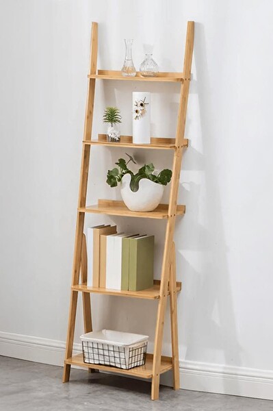 DigitHome DB-0022 Bambu 5 Raflı Merdiven Kitaplık Banyo Düzenleyici Raf Organizer Saksılık