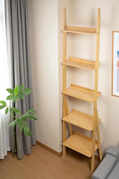 DigitHome DB-0022 Bambu 5 Raflı Merdiven Kitaplık Banyo Düzenleyici Raf Organizer Saksılık