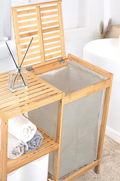 DigitHome DB-0046 Bambu 3 Raflı Kumaş Sepetli Banyo Düzenleyici