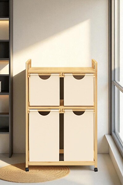 DigitHome Bambu 4 Bölmeli Kirli Sepetli Çamaşır Sepeti Raflı Banyo Düzenleyici DB-0018