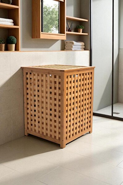 DigitHome Digithome Bambu Çamaşır Sepeti 58x40 CM Kulplu Taşınabilir Bezli DB-0042