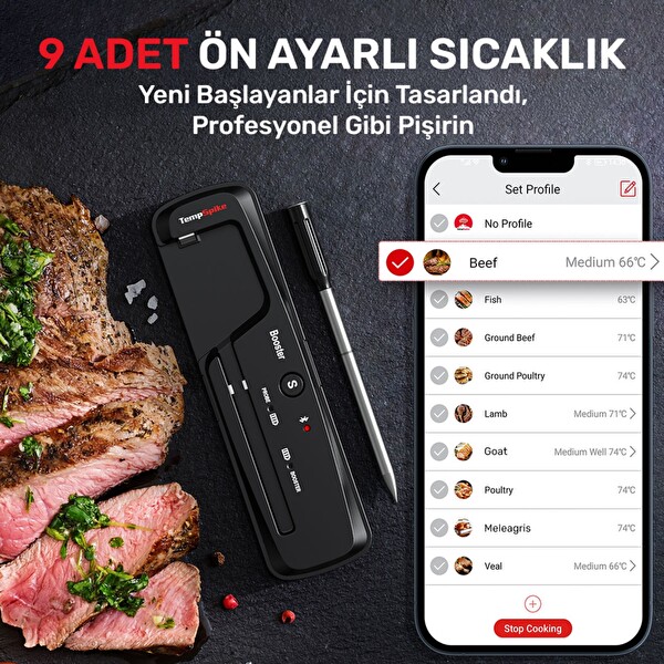 ThermoPro TP961 Şarjlı 150 M Kablosuz Alarmlı 1 Problu Telefon Kontrollü Profesyonel Gıda Termometresi