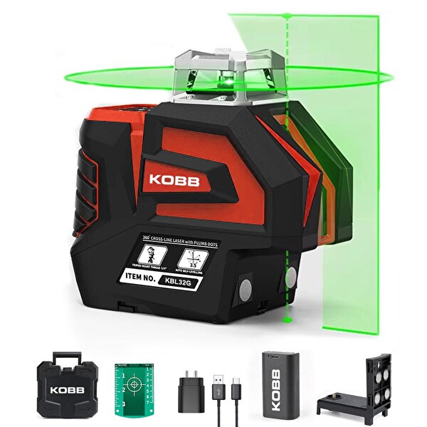 Kobb KBL32G Profesyonel Li-ion Yatay 360° ve Dikey Otomatik Hizalamalı Yeşil Nokta Şakül ve Yeşil Çapraz Çizgi Lazer