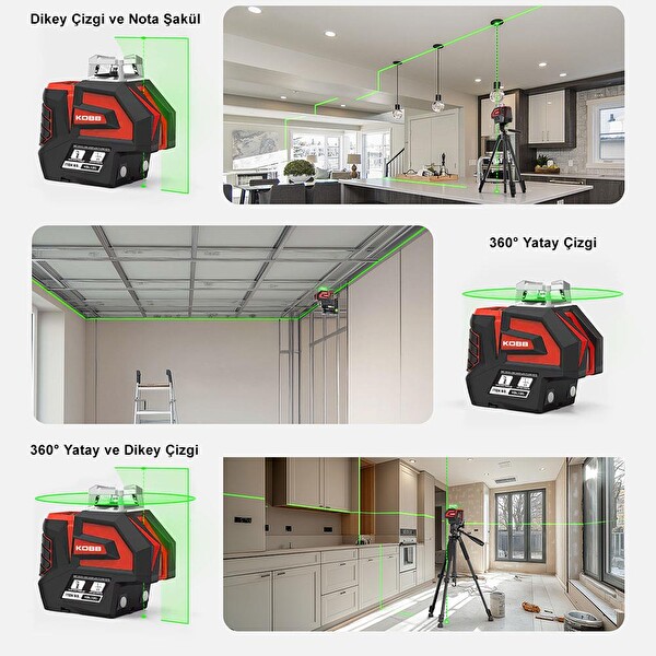 Kobb KBL32G Profesyonel Li-ion Yatay 360° ve Dikey Otomatik Hizalamalı Yeşil Nokta Şakül ve Yeşil Çapraz Çizgi Lazer