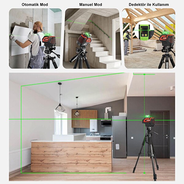 Kobb KBL32G Profesyonel Li-ion Yatay 360° ve Dikey Otomatik Hizalamalı Yeşil Nokta Şakül ve Yeşil Çapraz Çizgi Lazer