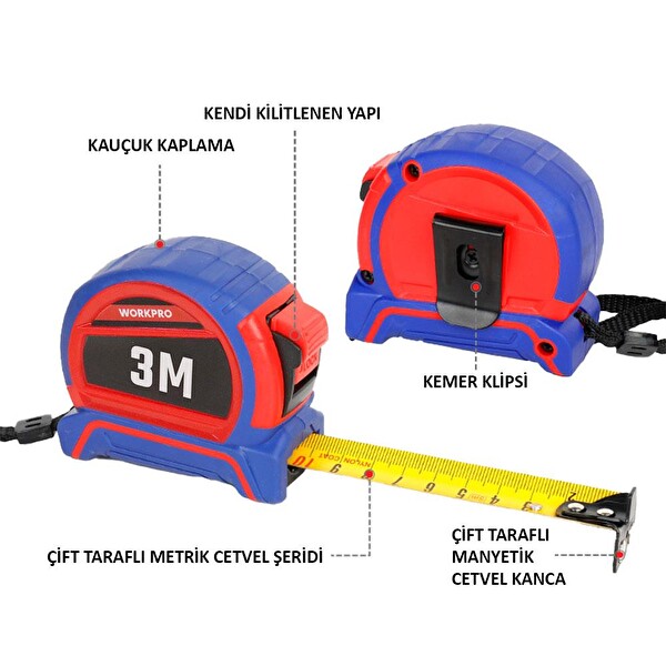 Workpro WP261040 3Mx16 MM Naylon Kaplama Sarı Çift Taraflı Manyetik Çelik Şerit Metre