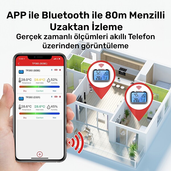 ThermoPro TP393B Akıllı Bluetooth Uygulama Destekli Dijital Sıcaklık ve Nem Ölçer Termometre