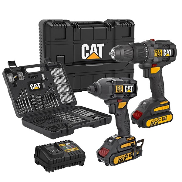 Cat DXK201 18Volt/2.0Ah Li-ion Çift Akülü Kömürsüz Profesyonel Şarjlı Darbeli Matkap - DX7030 - DA01903 Kombo Set