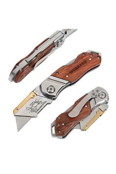 Workpro WP211014 Ağır Hizmet Paslanmaz Çelik/Ahşap Gövde Katlanır Rötuş Maket Bıçağı-10 Adet Yedek Bıçak