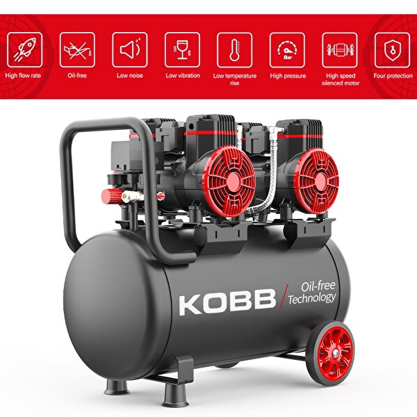 Kobb KBK50S2 4.0HP 50 LT 8Bar Çift Motorlu Yağsız Sessiz Taşınabilir Hava Kompresörü