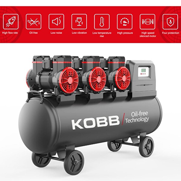 Kobb KBK100S 6.0HP 100 LT 8Bar Üç Motorlu Yağsız Sessiz Taşınabilir Hava Kompresörü